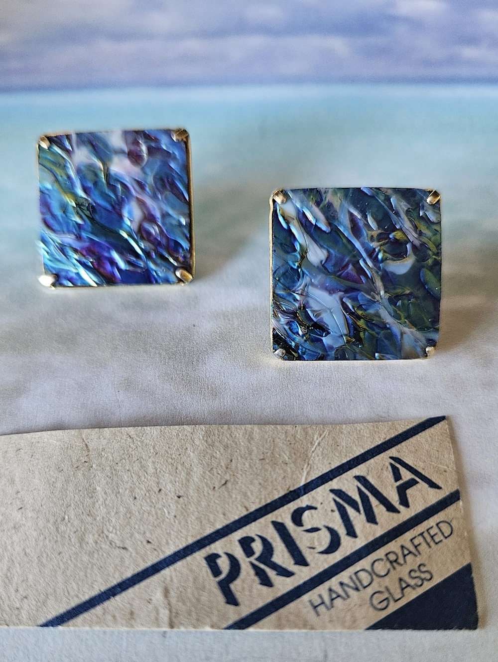 #110 Earrings Prisma Unique Handcrafted Glass in Blue Purple Highlights & Gold